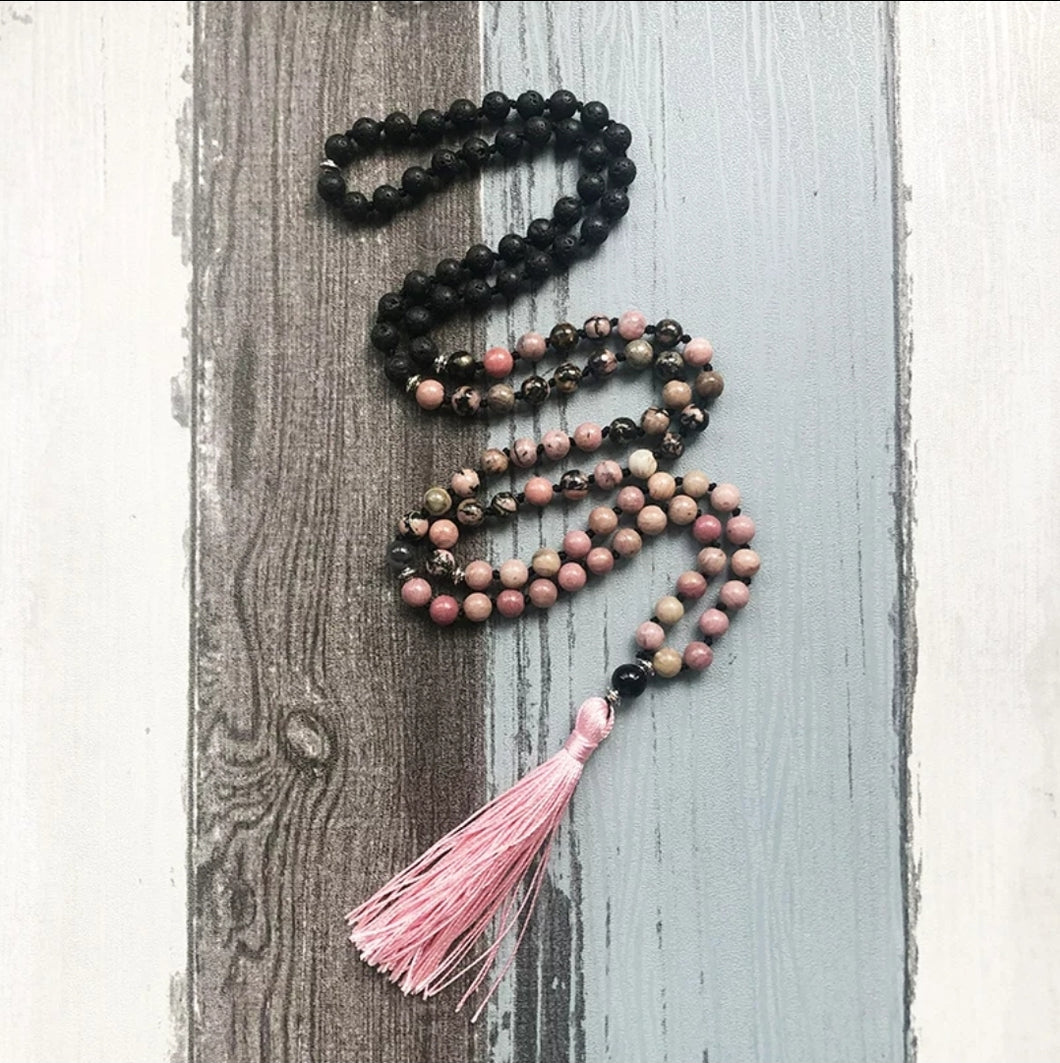 Rhodonite - Pink & Black 108 Tassel Mala Beads blessed by Reiki with Zen